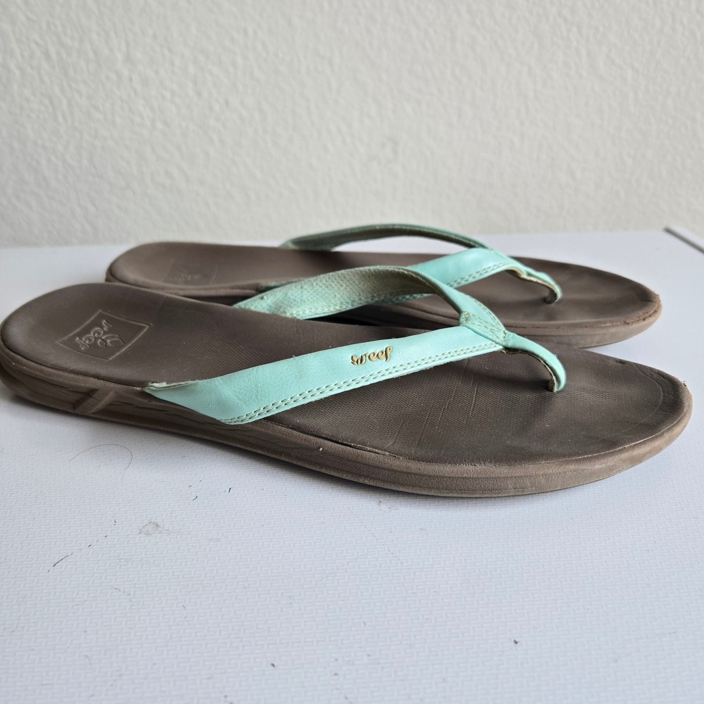 Reef Womens‎ Mint Green Brown Contoured Footbed Flip Flop Sandals Flat Thong